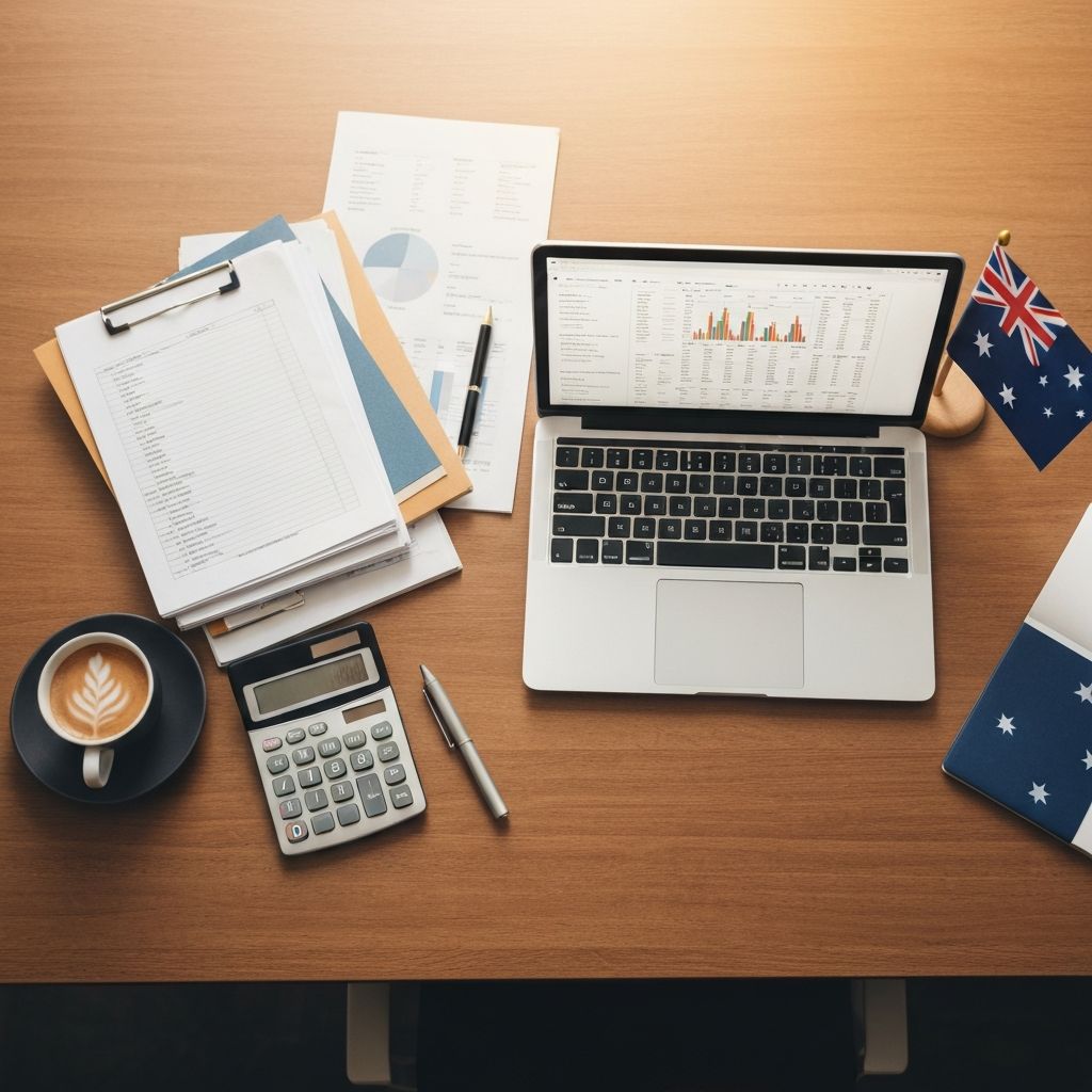 Organised accounting desk with laptop, documents, and calculator